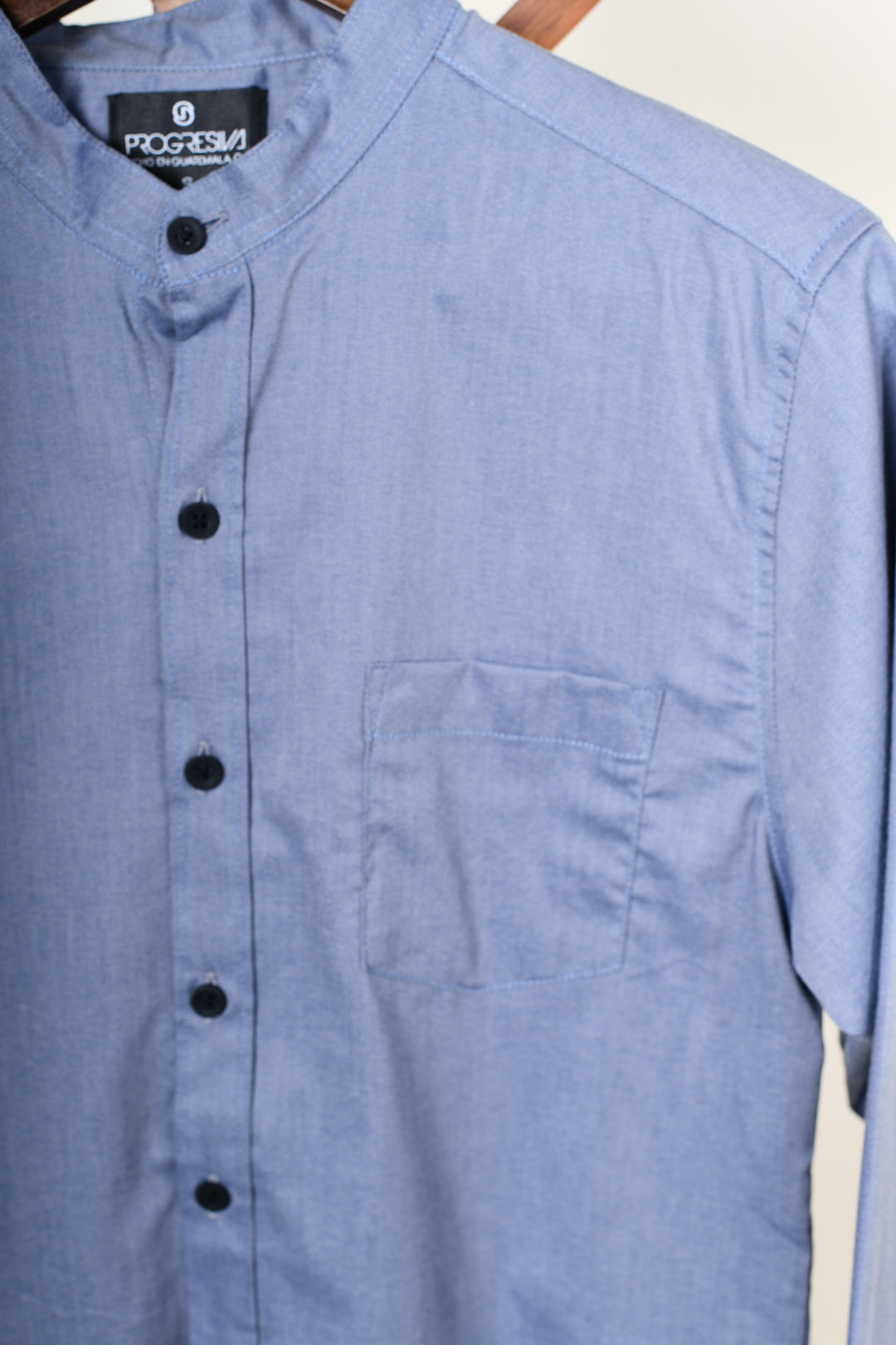 Camisa oxford manga larga cuello chino - azul grisácea