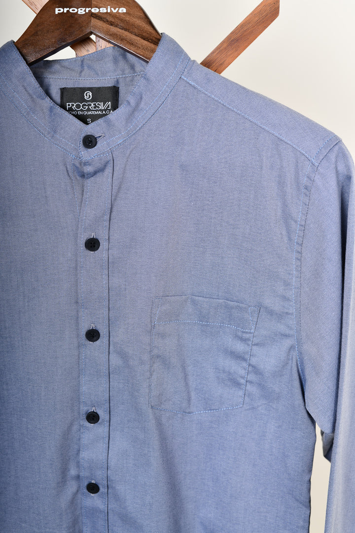 Camisa oxford manga larga cuello chino - azul grisácea