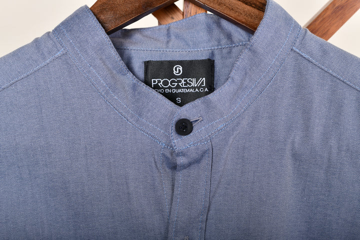 Camisa oxford manga larga cuello chino - azul grisácea