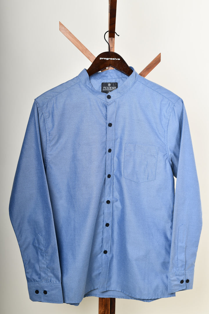 Camisa oxford manga larga cuello chino - azul oxford