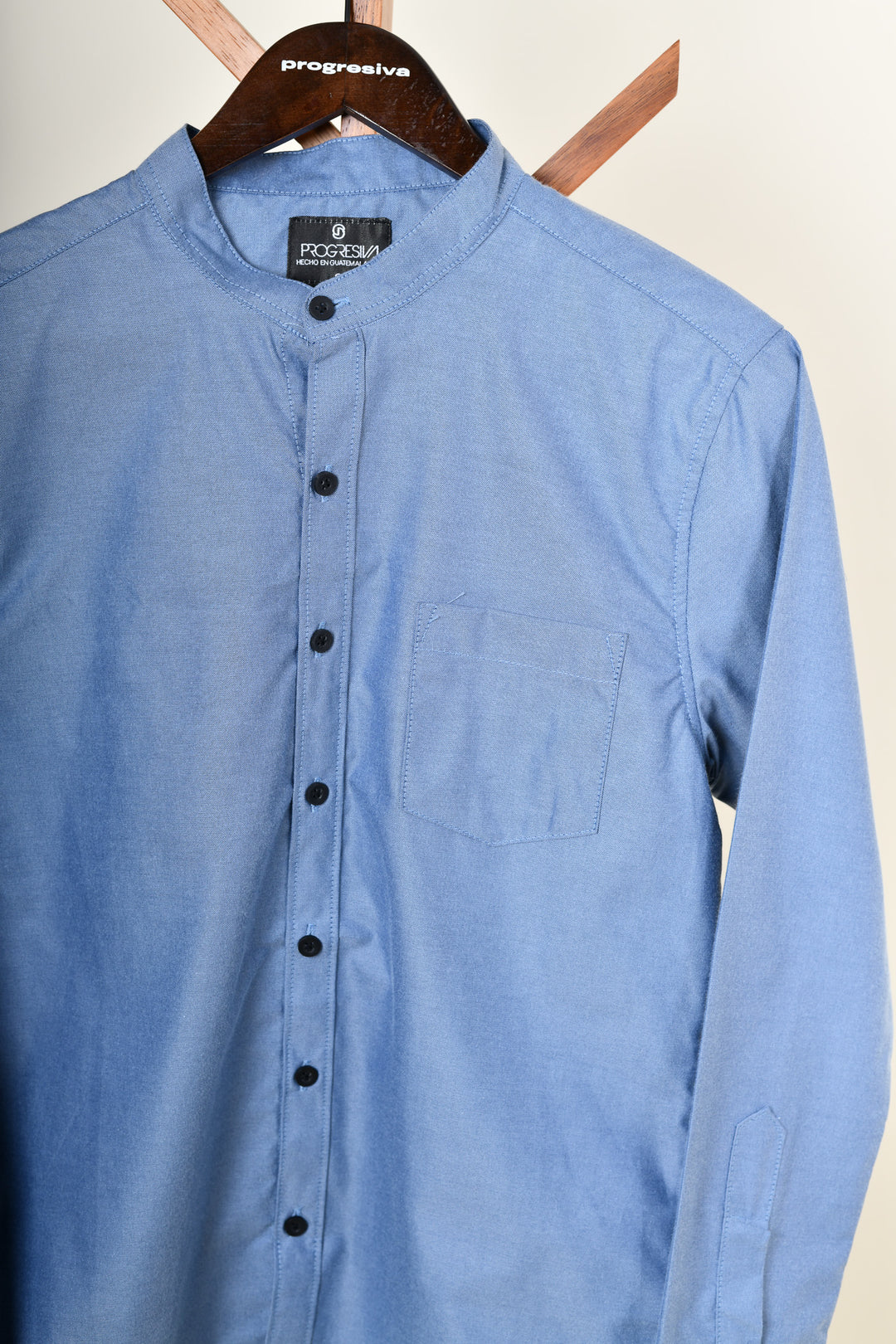 Camisa oxford manga larga cuello chino - azul oxford