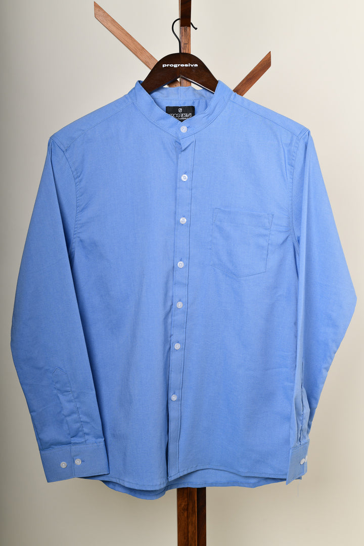 Camisa oxford manga larga cuello chino - azul