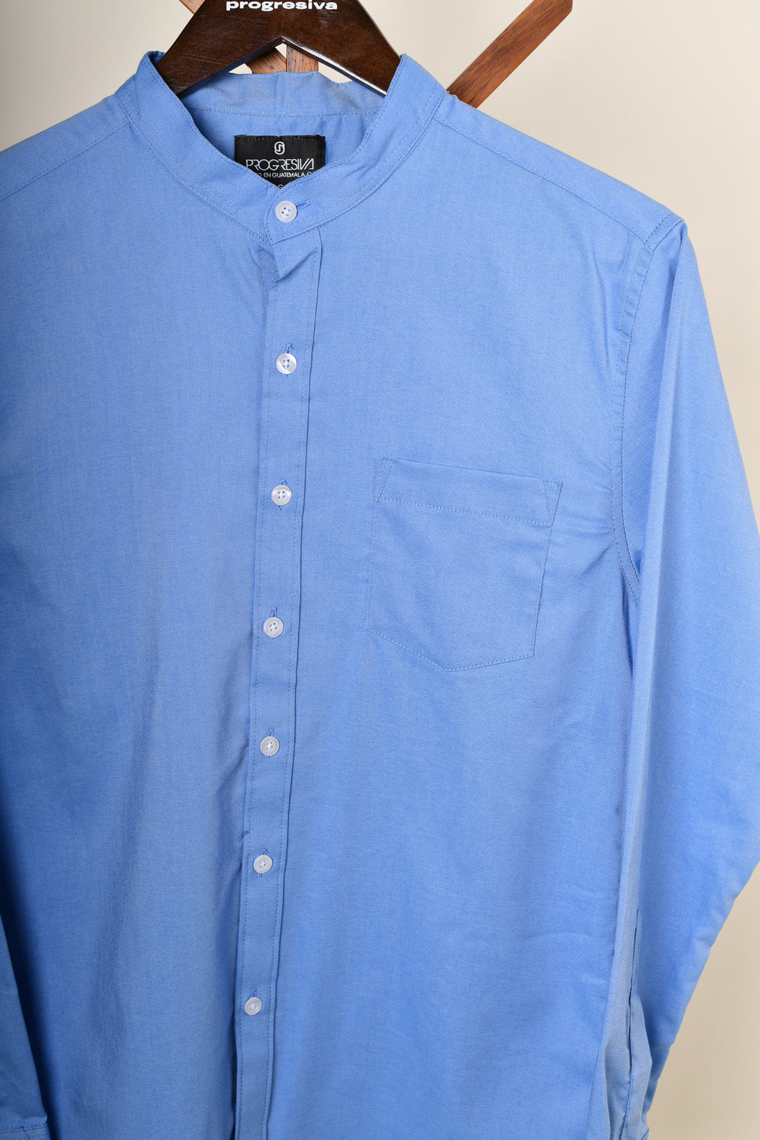 Camisa oxford manga larga cuello chino - azul