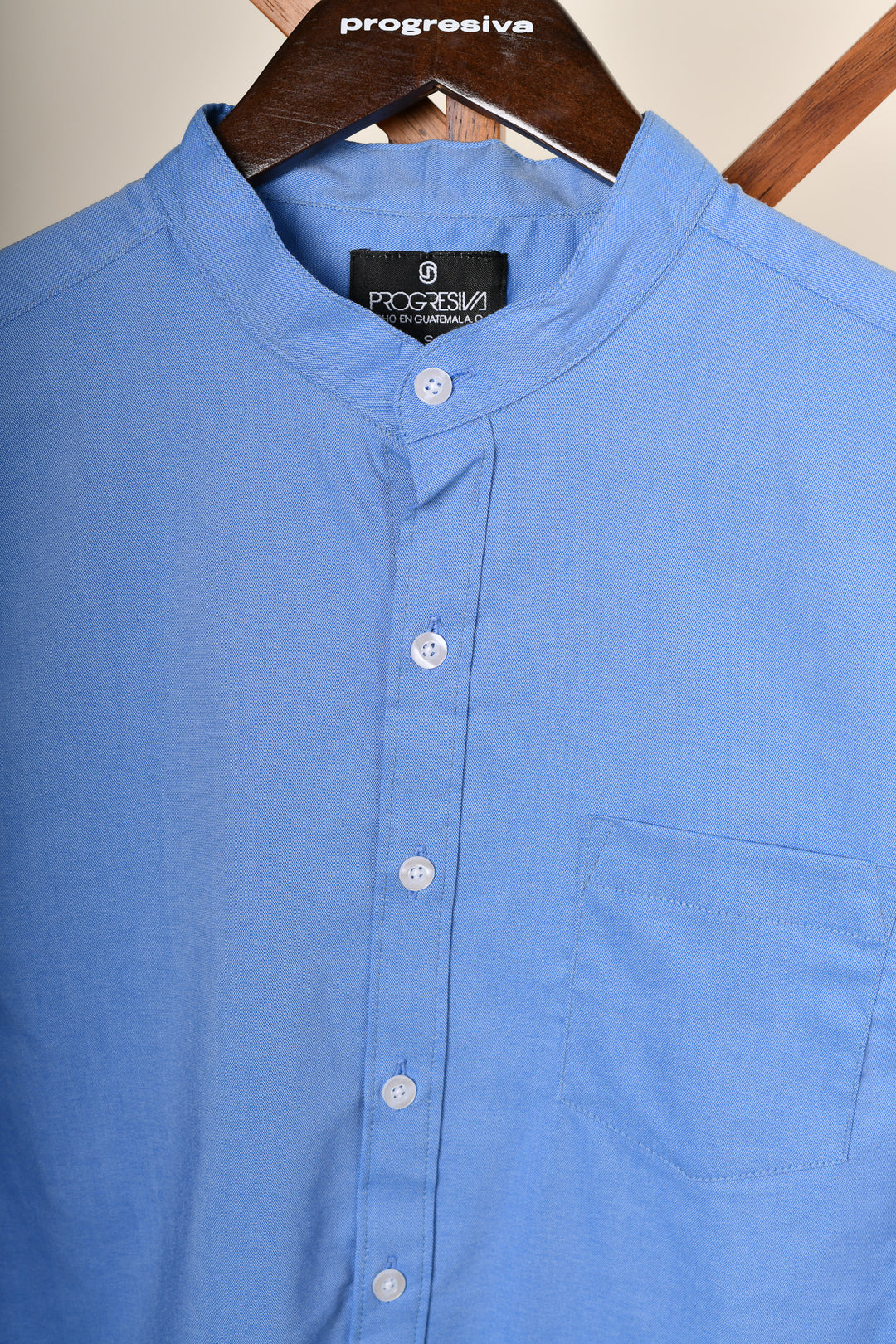 Camisa oxford manga larga cuello chino - azul