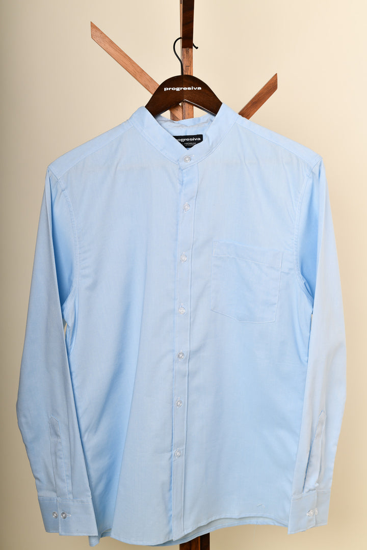 Camisa oxford manga larga cuello chino - celeste