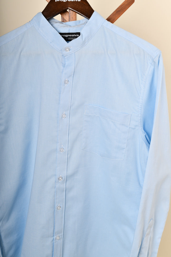 Camisa oxford manga larga cuello chino - celeste