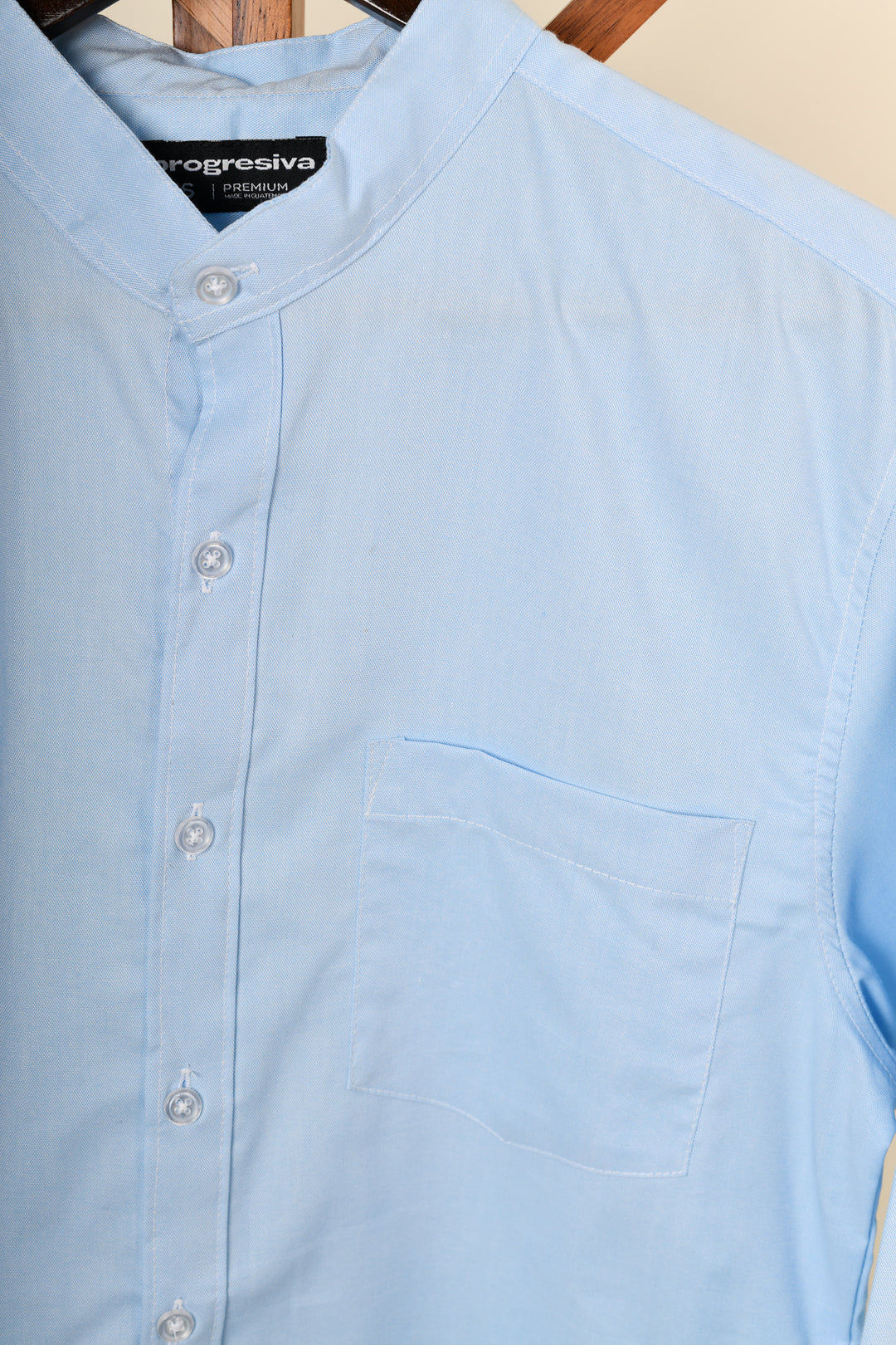 Camisa oxford manga larga cuello chino - celeste