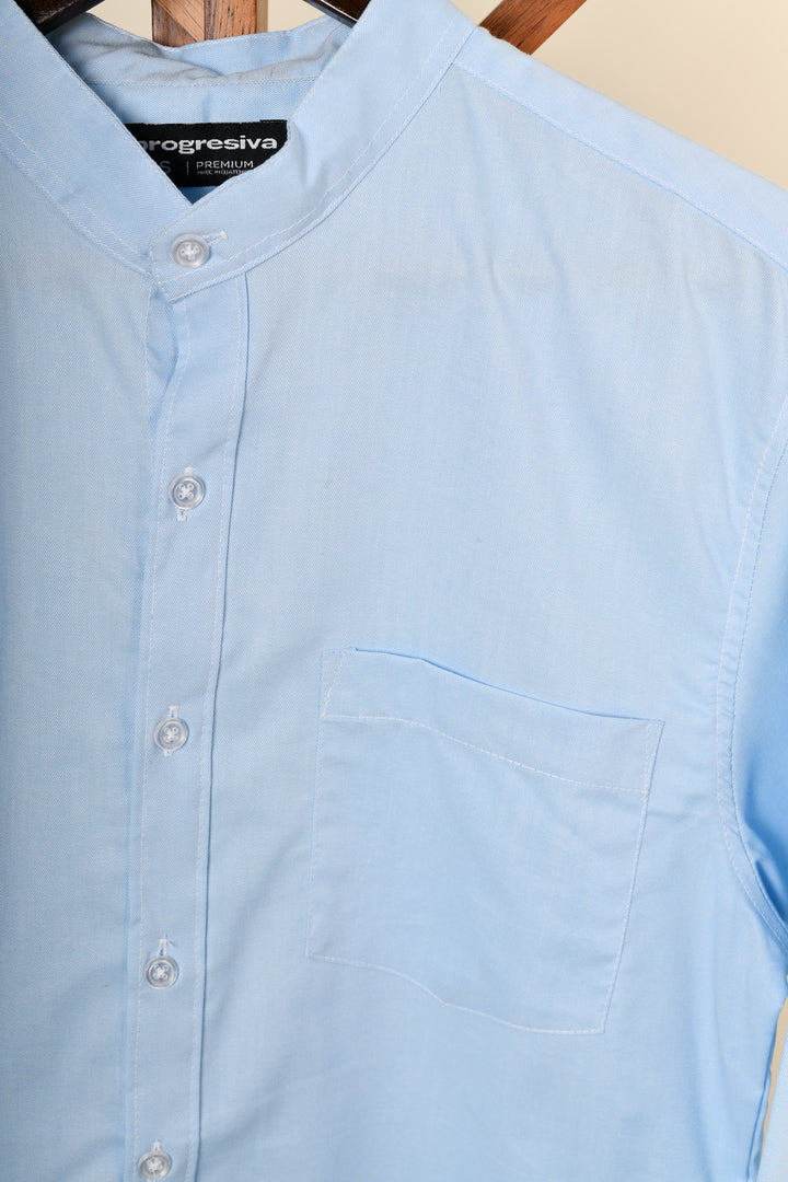 Camisa oxford manga larga cuello chino - celeste