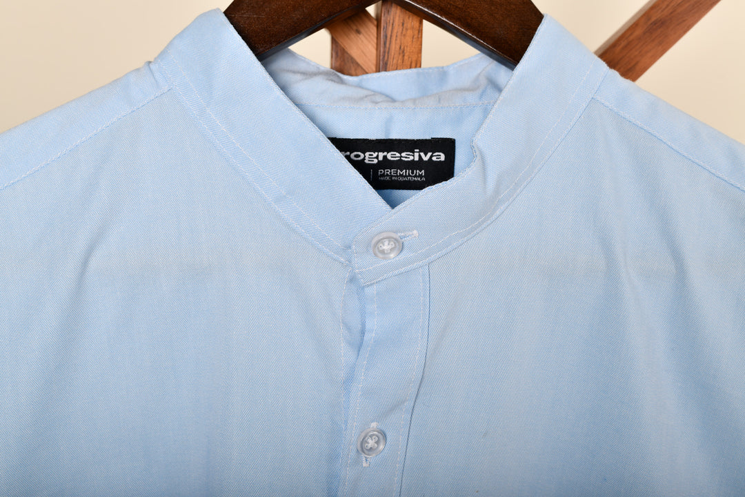 Camisa oxford manga larga cuello chino - celeste