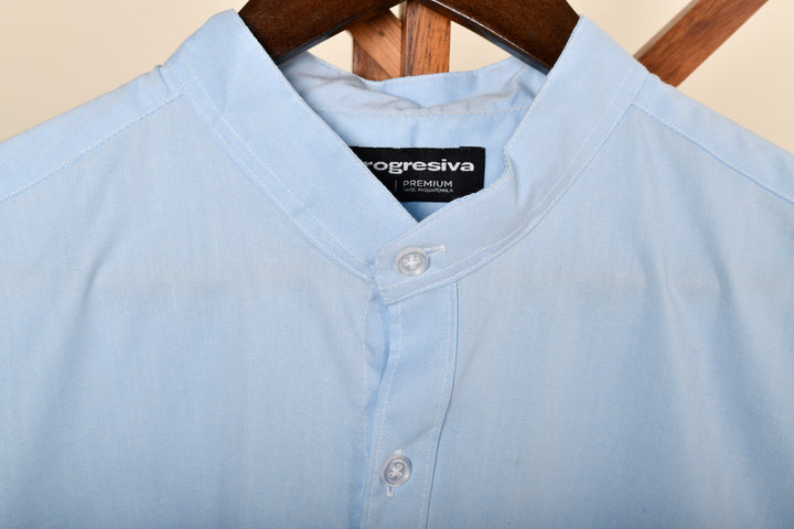 Camisa oxford manga larga cuello chino - celeste