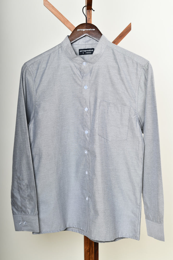 Camisa oxford manga larga cuello chino - gris oxford