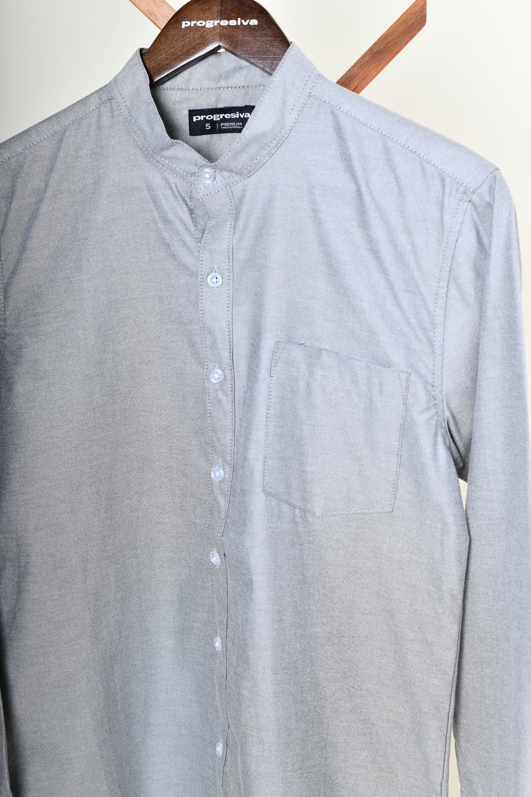 Camisa oxford manga larga cuello chino - gris oxford