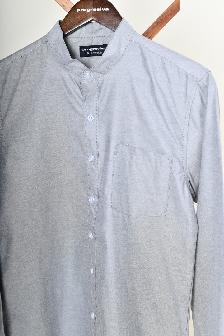 Camisa oxford manga larga cuello chino - gris oxford