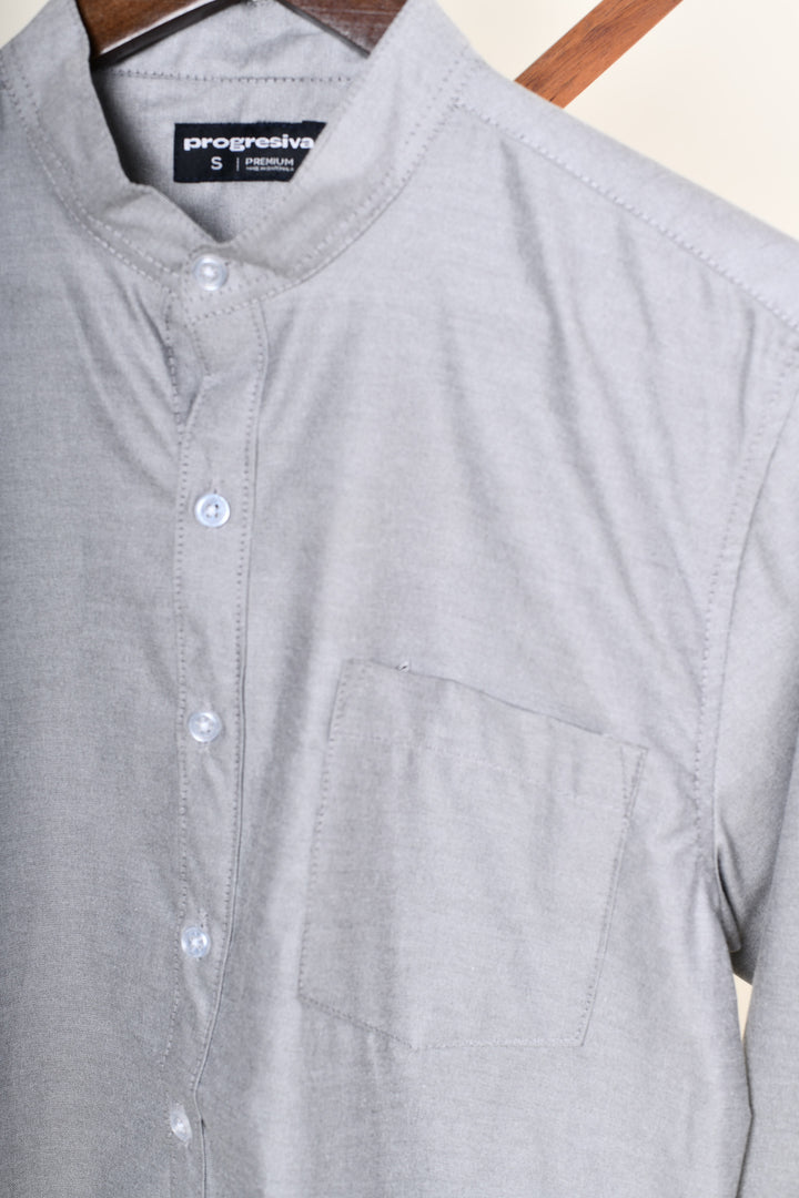 Camisa oxford manga larga cuello chino - gris oxford