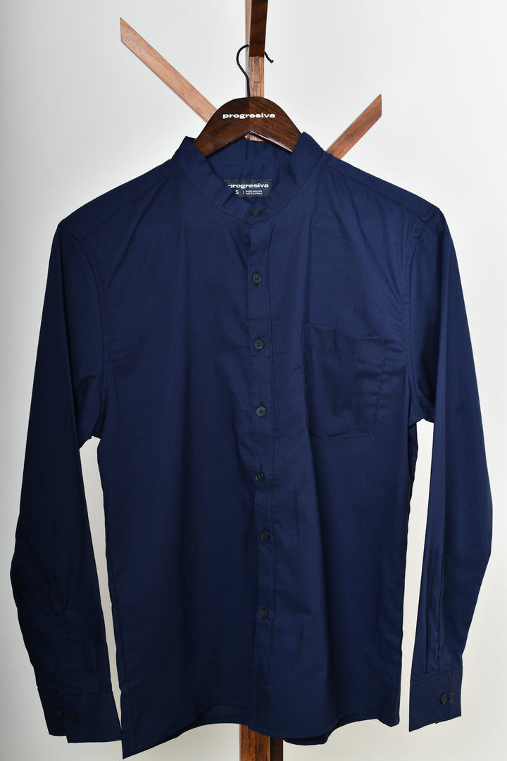 Camisa oxford manga larga cuello chino - azul marino