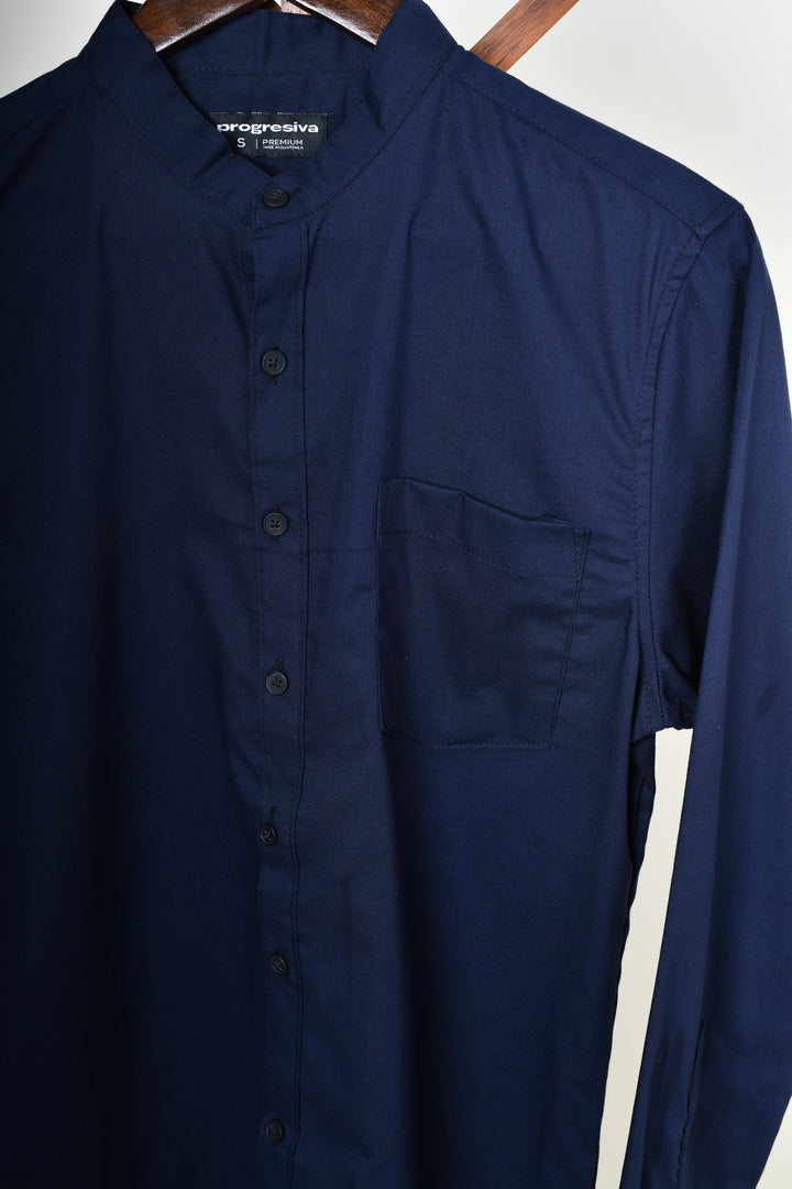 Camisa oxford manga larga cuello chino - azul marino