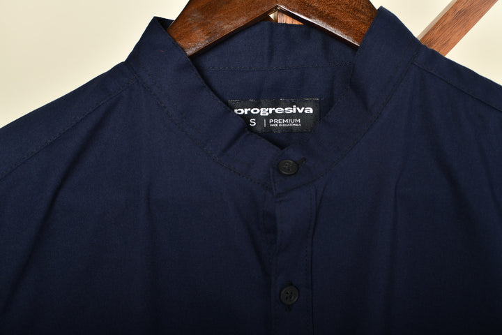 Camisa oxford manga larga cuello chino - azul marino