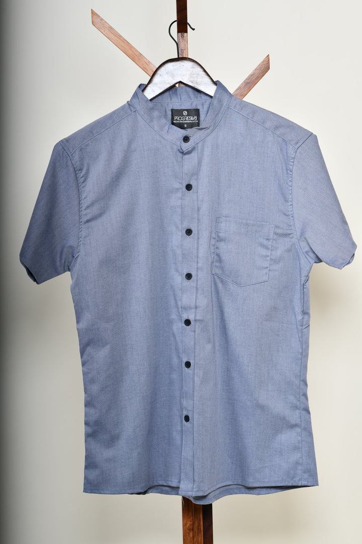 Camisa oxford manga corta cuello chino - azul grisáceo