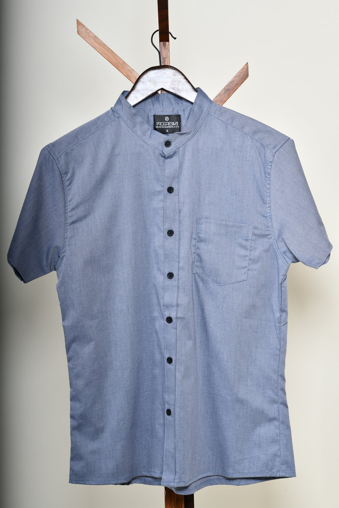 Camisa oxford manga corta cuello chino - azul grisáceo