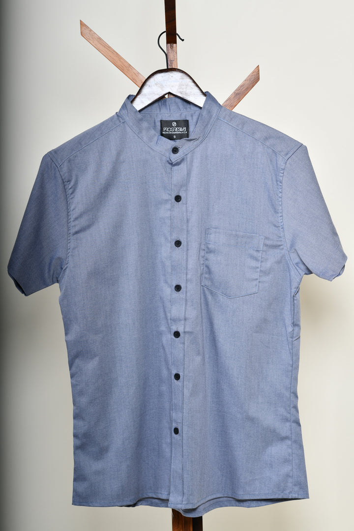 Camisa oxford manga corta cuello chino - azul grisáceo
