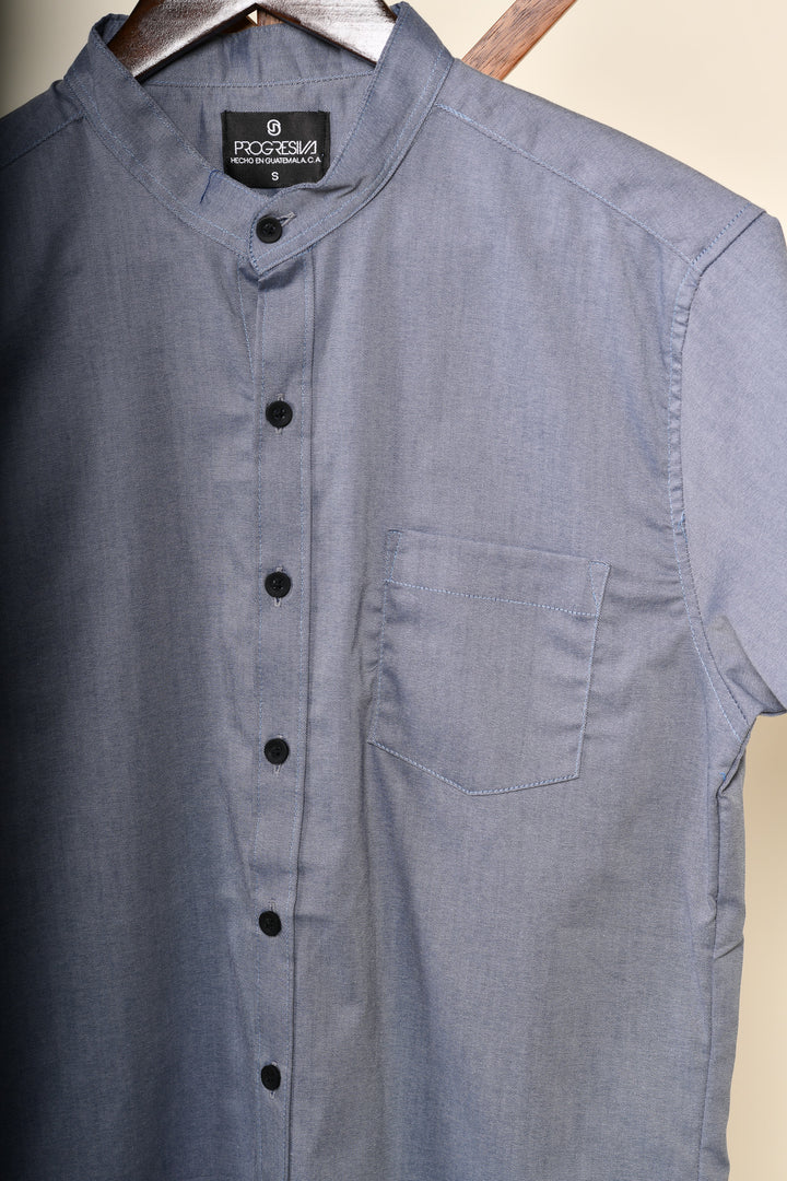 Camisa oxford manga corta cuello chino - azul grisáceo