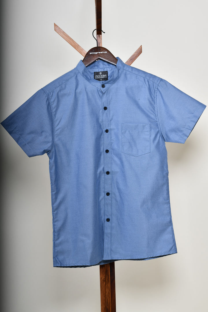 Camisa oxford manga corta cuello chino - azul oxford