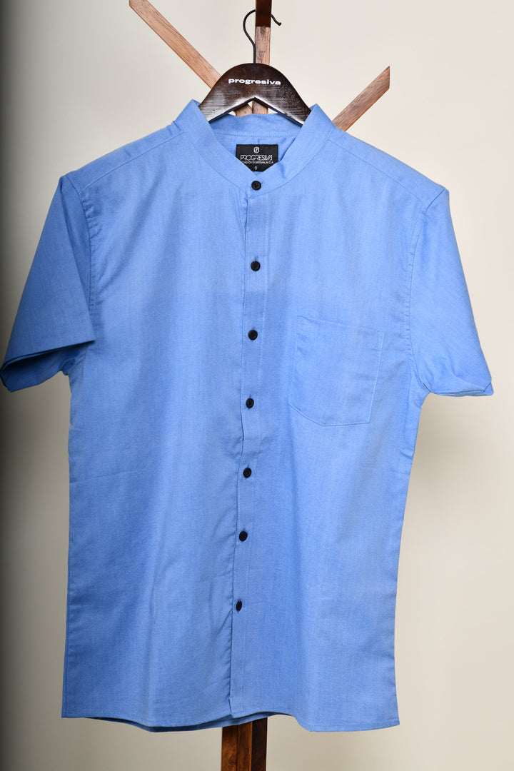 Camisa oxford manga corta cuello chino - azul