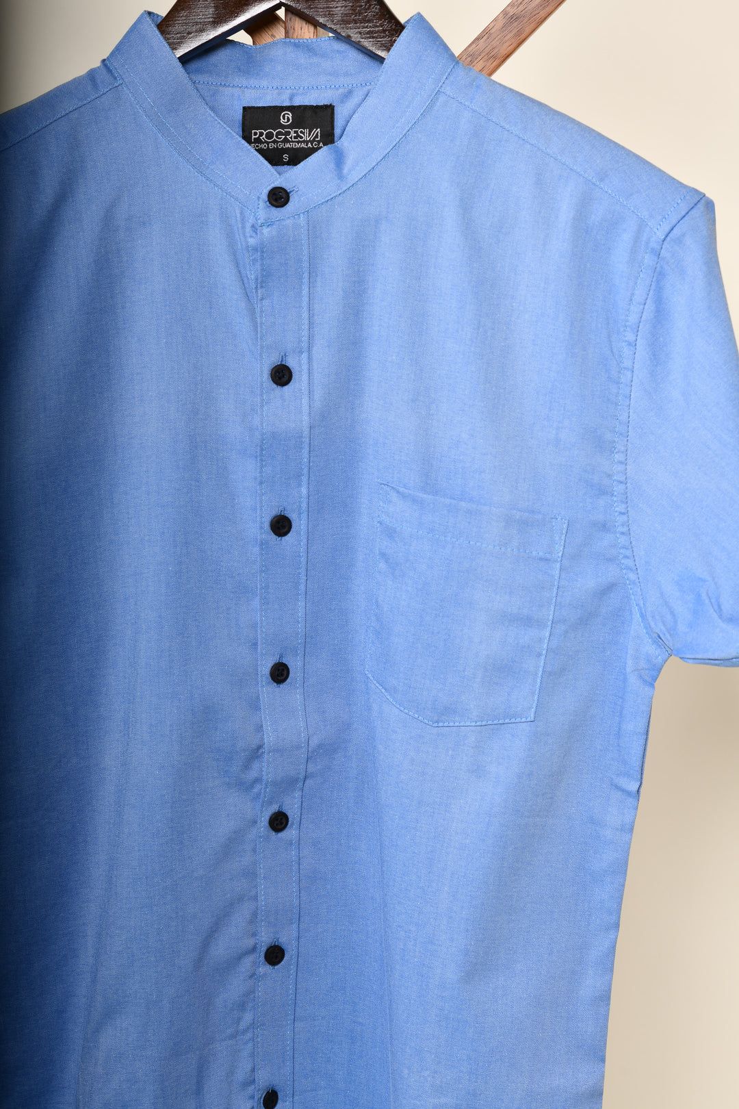 Camisa oxford manga corta cuello chino - azul