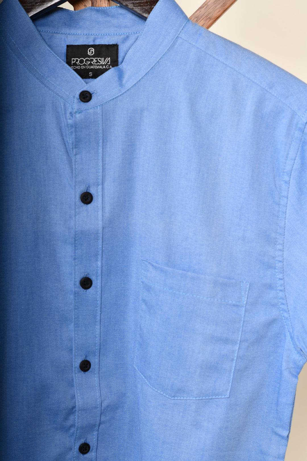 Camisa oxford manga corta cuello chino - azul