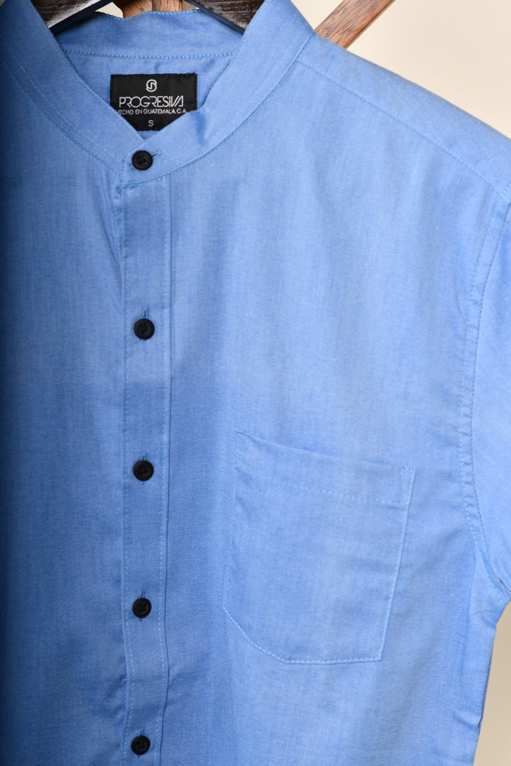 Camisa oxford manga corta cuello chino - azul