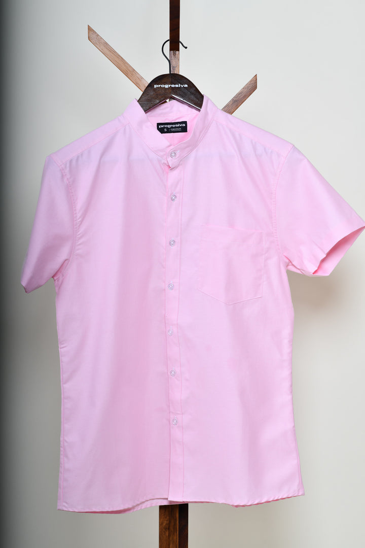 Camisa oxford manga corta cuello chino - rosa