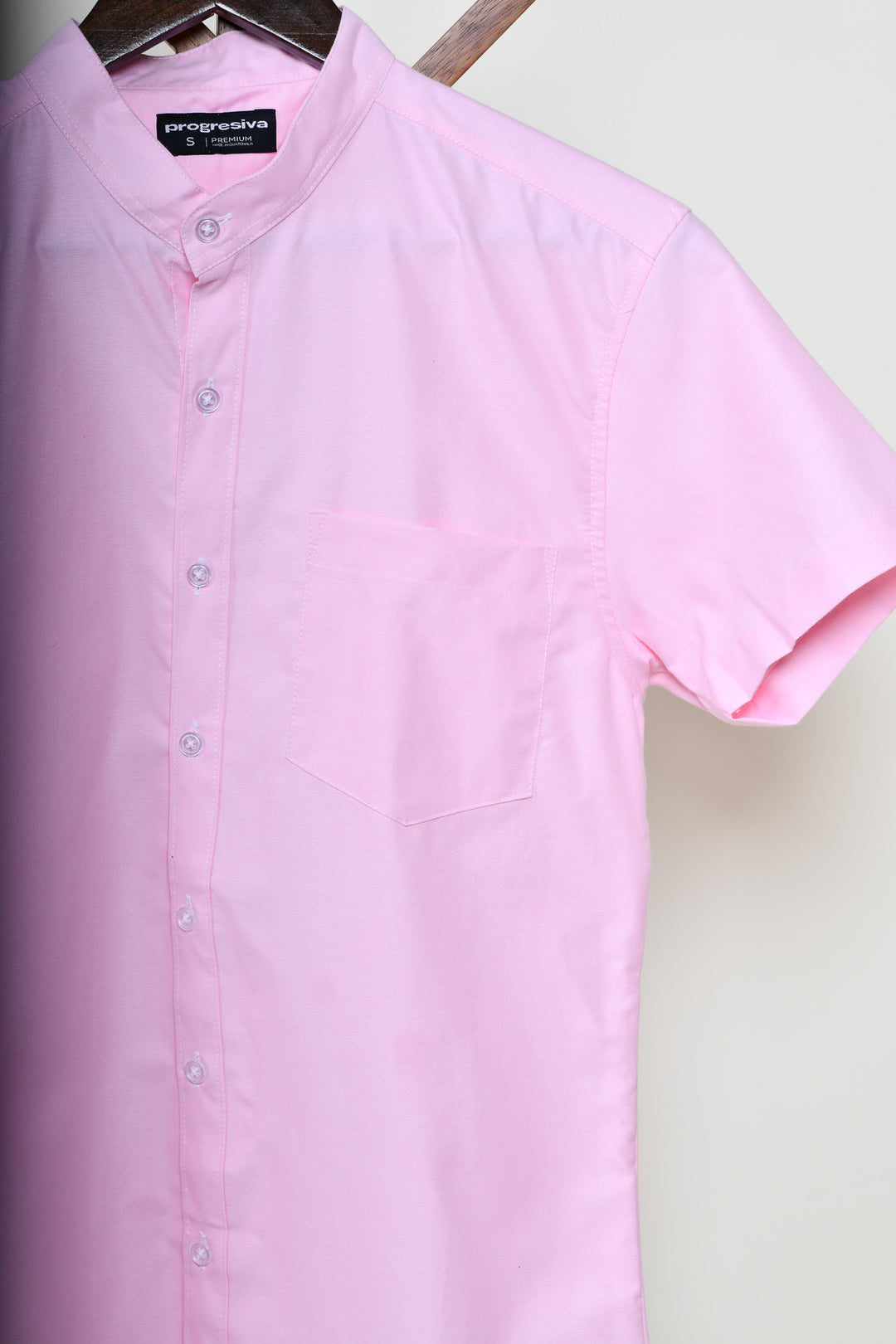 Camisa oxford manga corta cuello chino - rosa