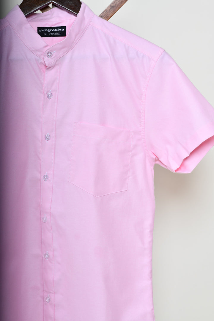 Camisa oxford manga corta cuello chino - rosa