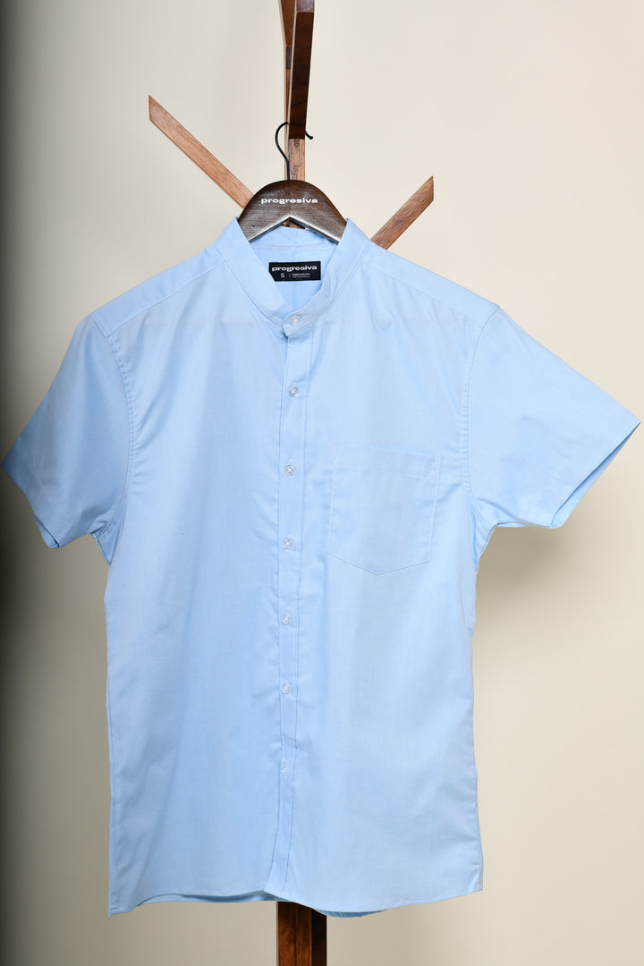 Camisa oxford manga corta cuello chino - celeste