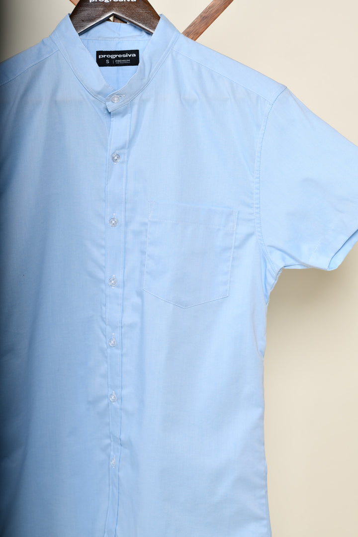 Camisa oxford manga corta cuello chino - celeste