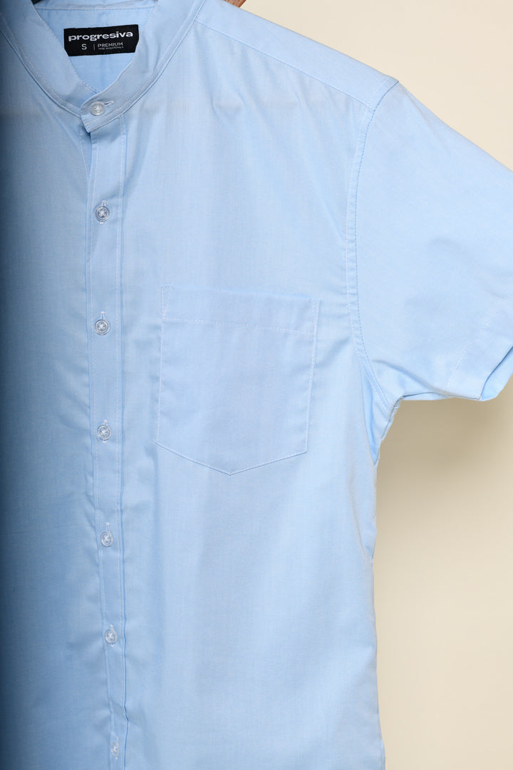 Camisa oxford manga corta cuello chino - celeste