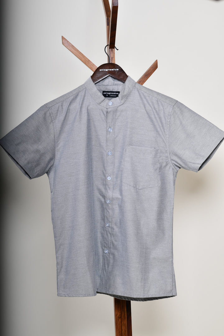 Camisa oxford manga corta cuello chino - gris oxford