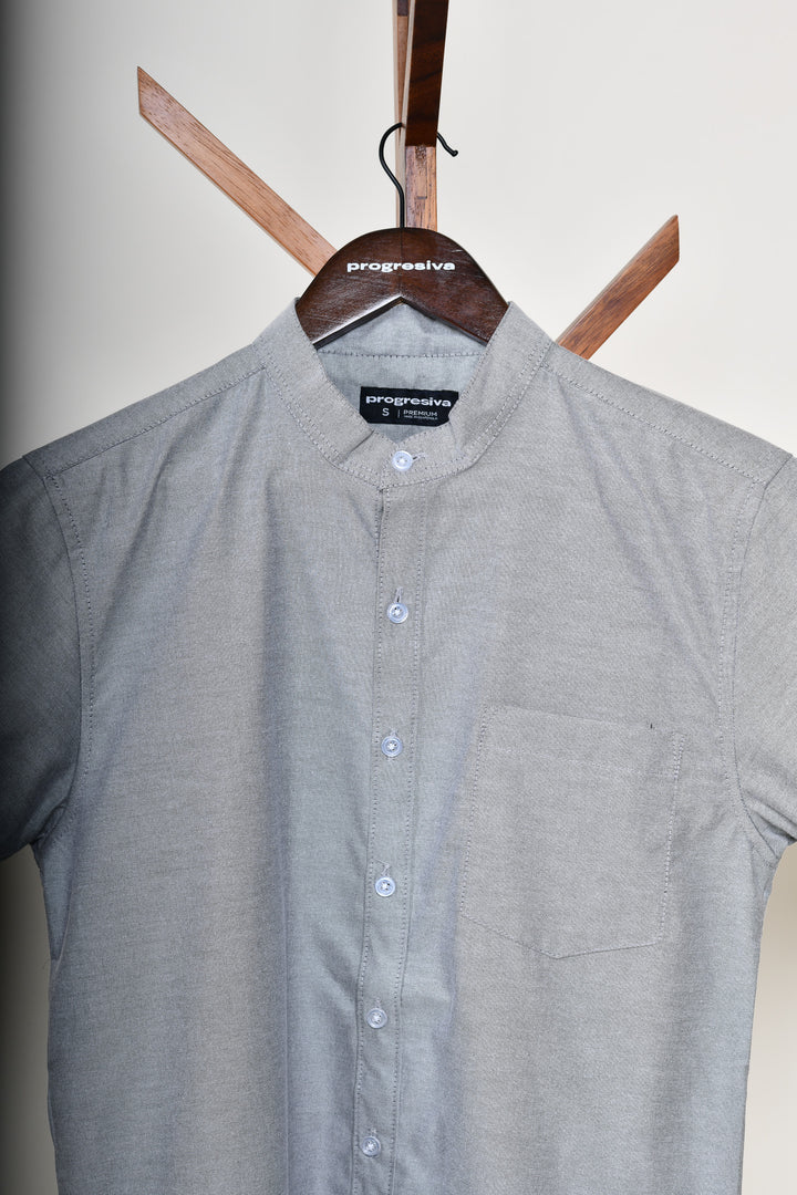 Camisa oxford manga corta cuello chino - gris oxford