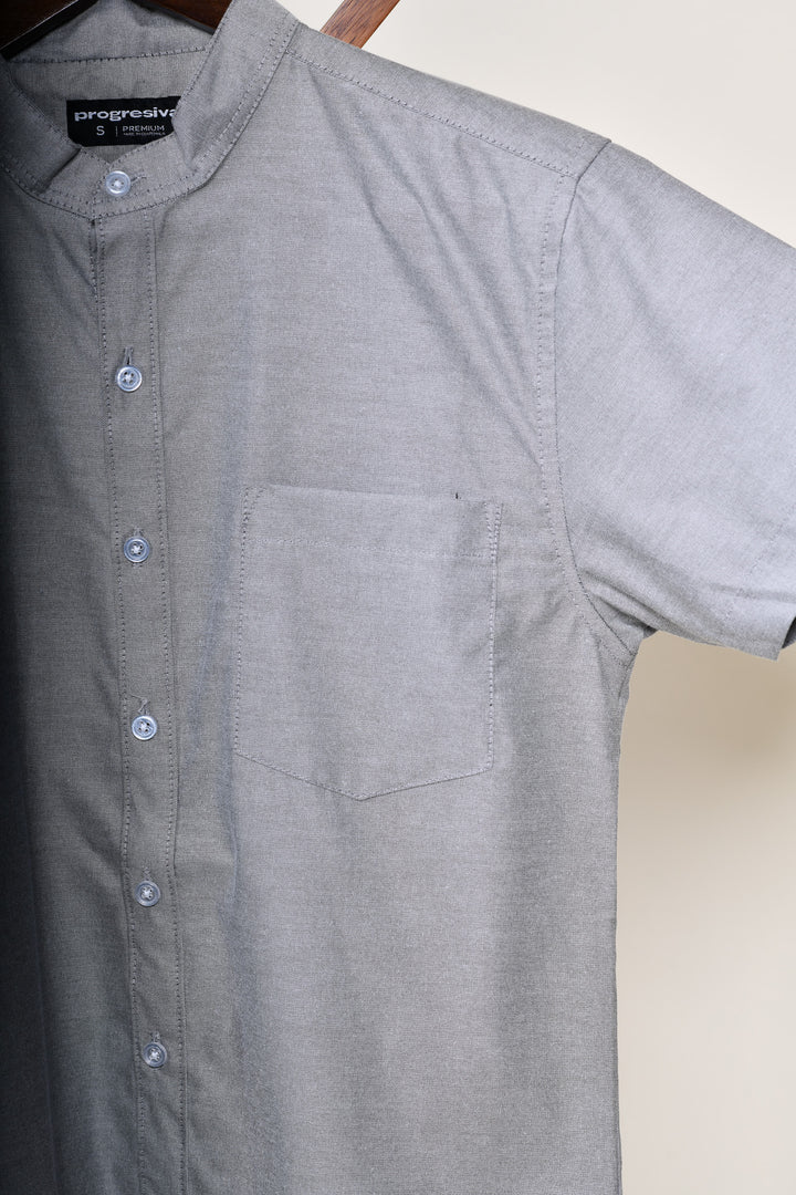 Camisa oxford manga corta cuello chino - gris oxford