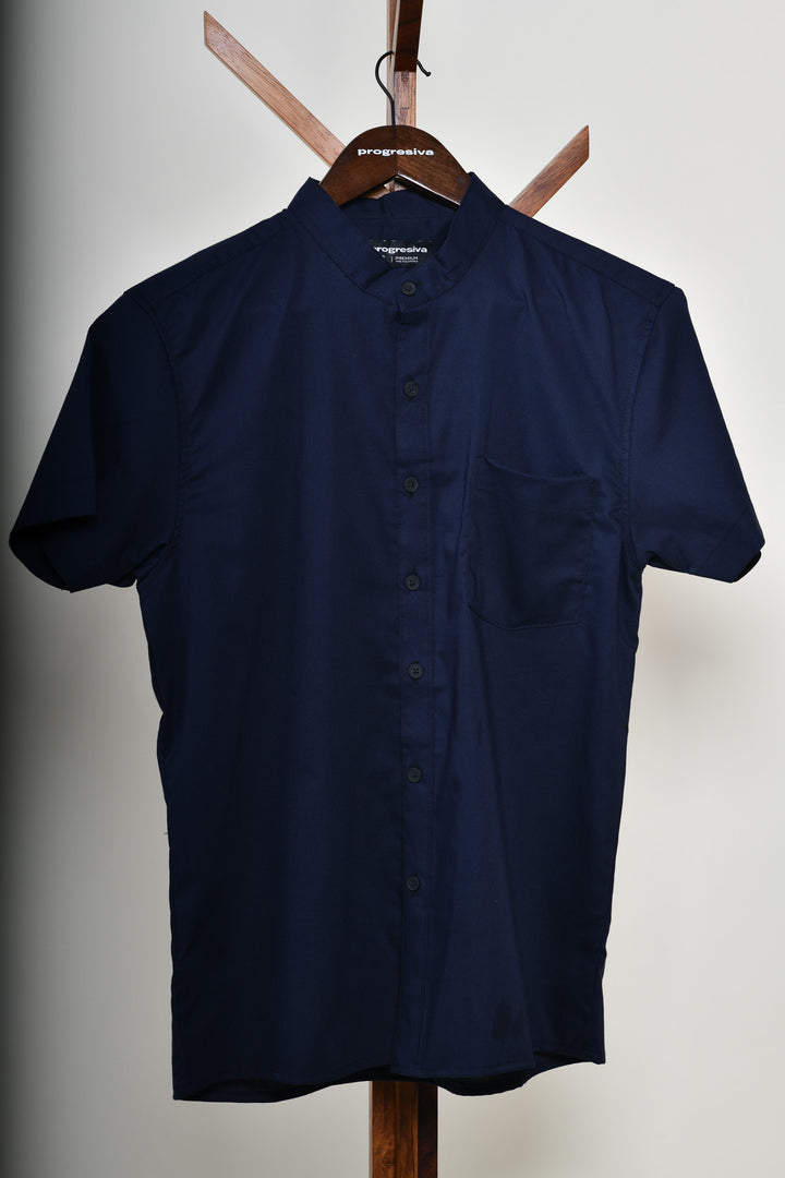 Camisa oxford manga corta cuello chino - azul marino