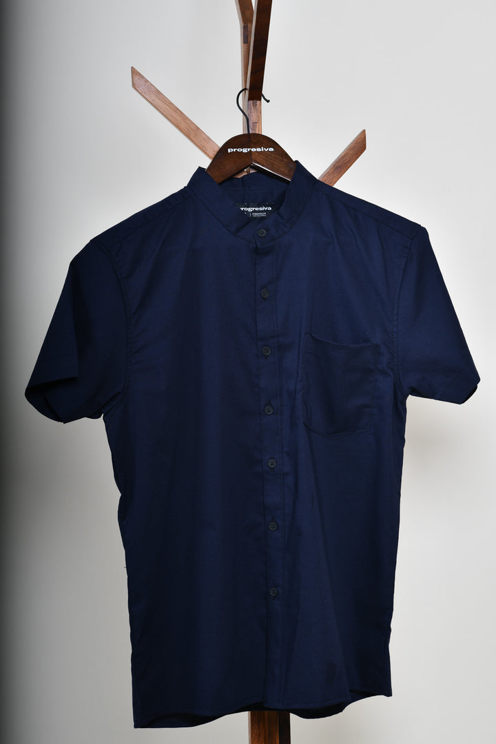 Camisa oxford manga corta cuello chino - azul marino