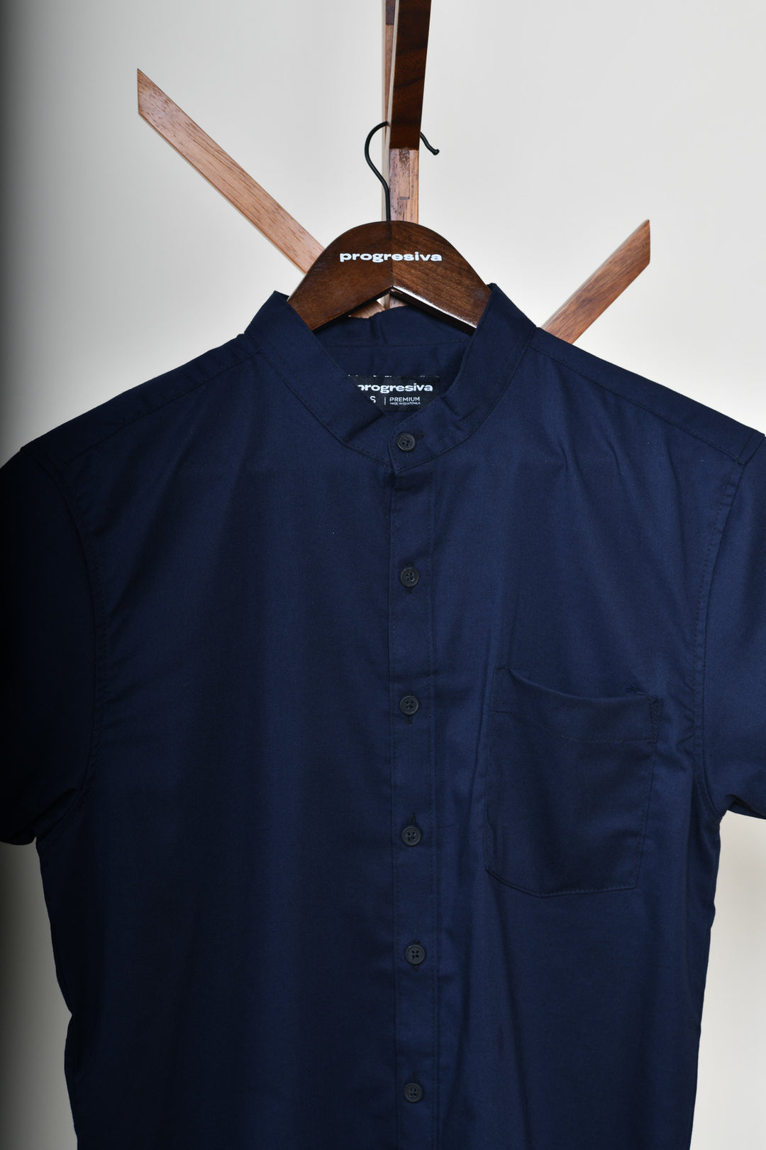Camisa oxford manga corta cuello chino - azul marino