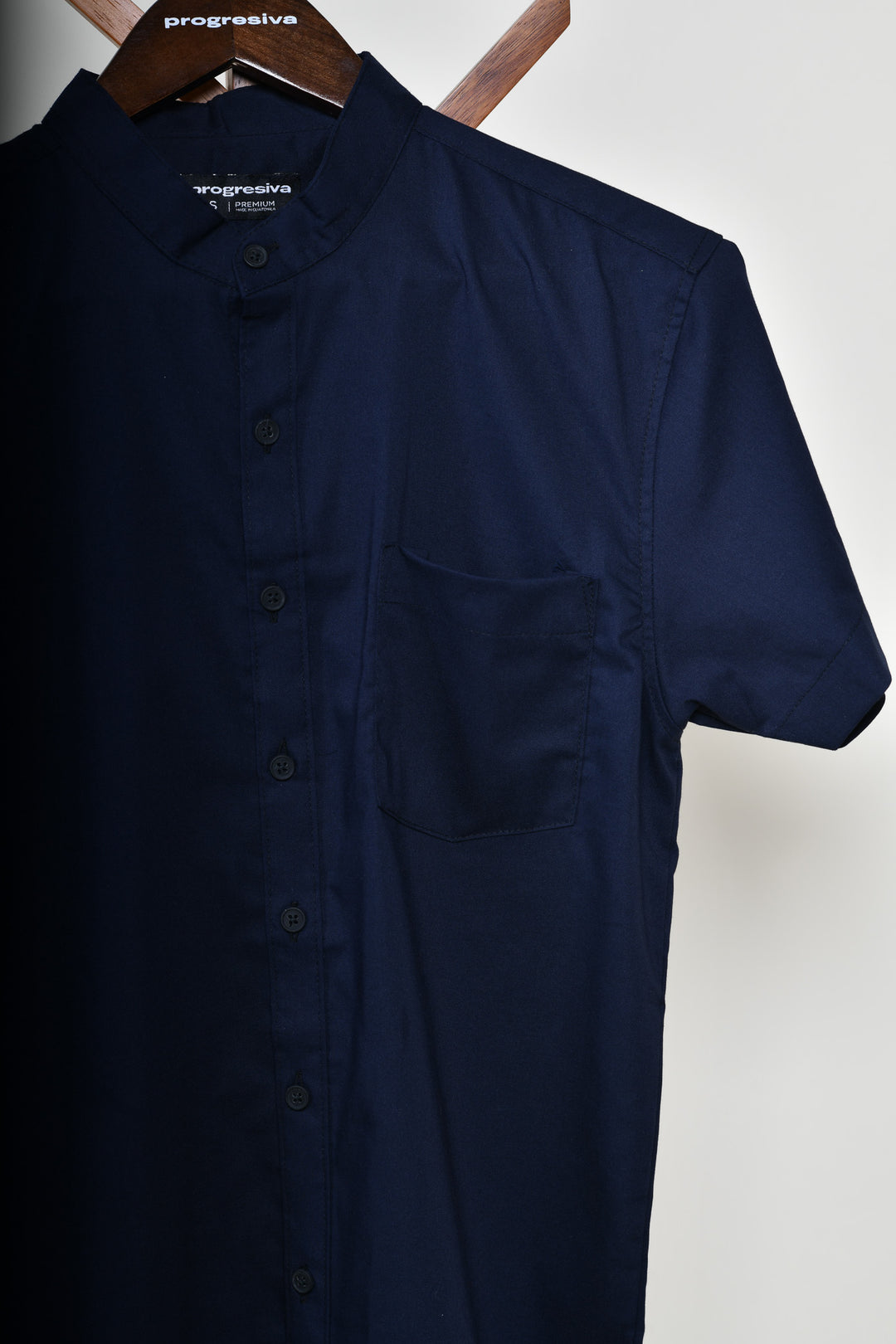 Camisa oxford manga corta cuello chino - azul marino