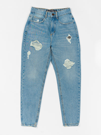 Jeans super denim estilo mom jeans - celeste roto