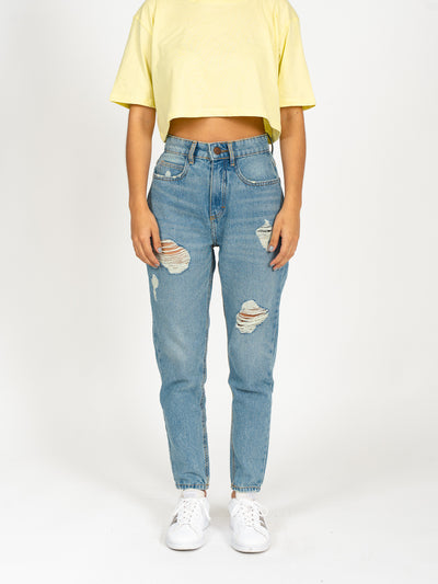 Jeans super denim estilo mom jeans - celeste roto