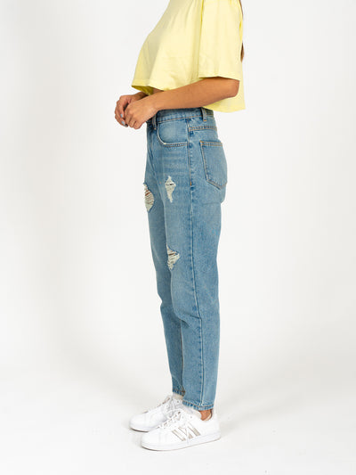 Jeans super denim estilo mom jeans - celeste roto
