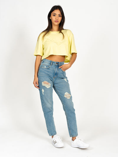 Jeans super denim estilo mom jeans - celeste roto