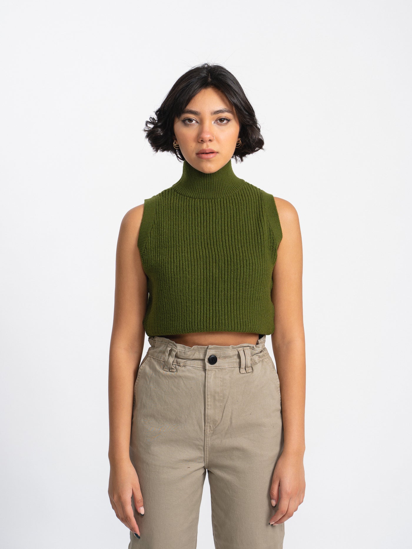 Chaleco tejido de mujer cuello tortuga - verde olivo